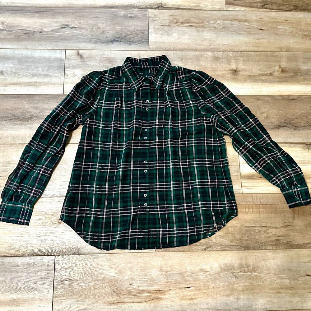 NEW | Ann Taylor Plaid Button Down Shirt – Green with Pink Lines | Size S